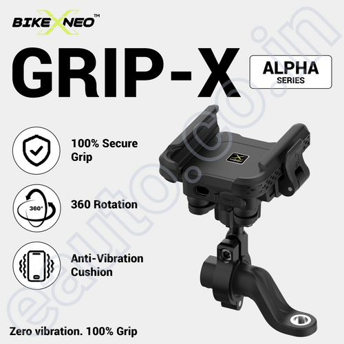 BikeXNeo Grip-X Alpha Charge Mobile Holder | USB-C Charging | Fits Motorcycle, Bicycle, Scooter | With Shock Absorption Technology | 1 Year Warranty