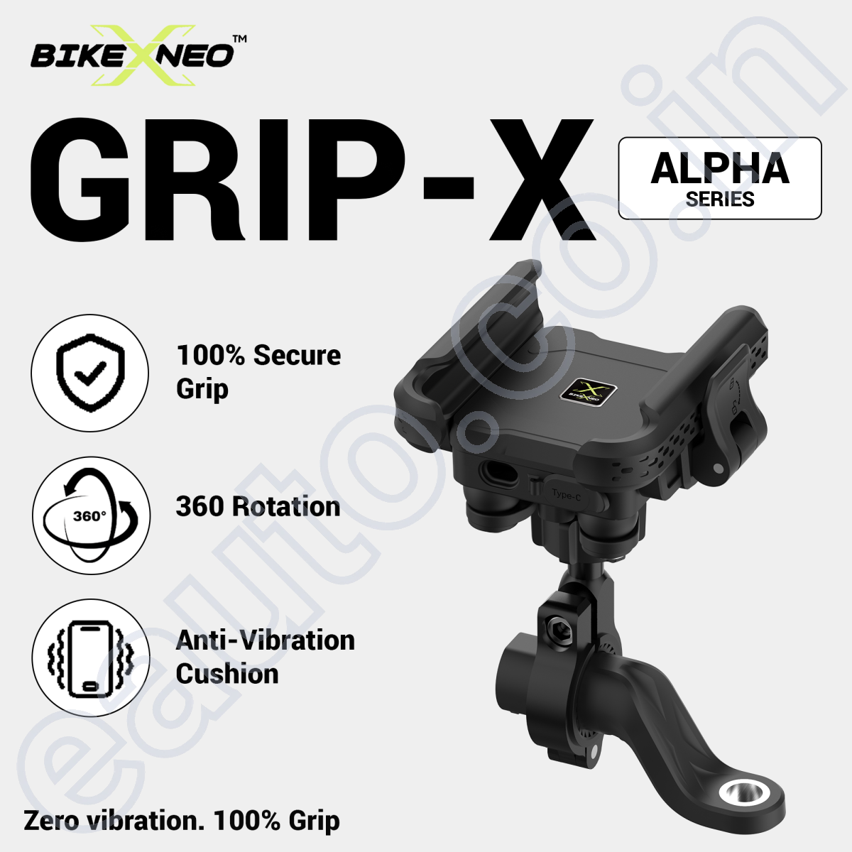 BikeXNeo Grip-X Alpha Mobile Holder | Fits Motorcycle, Bicycle, Scooter | With Shock Absorption Technology | 1 Year Warranty
