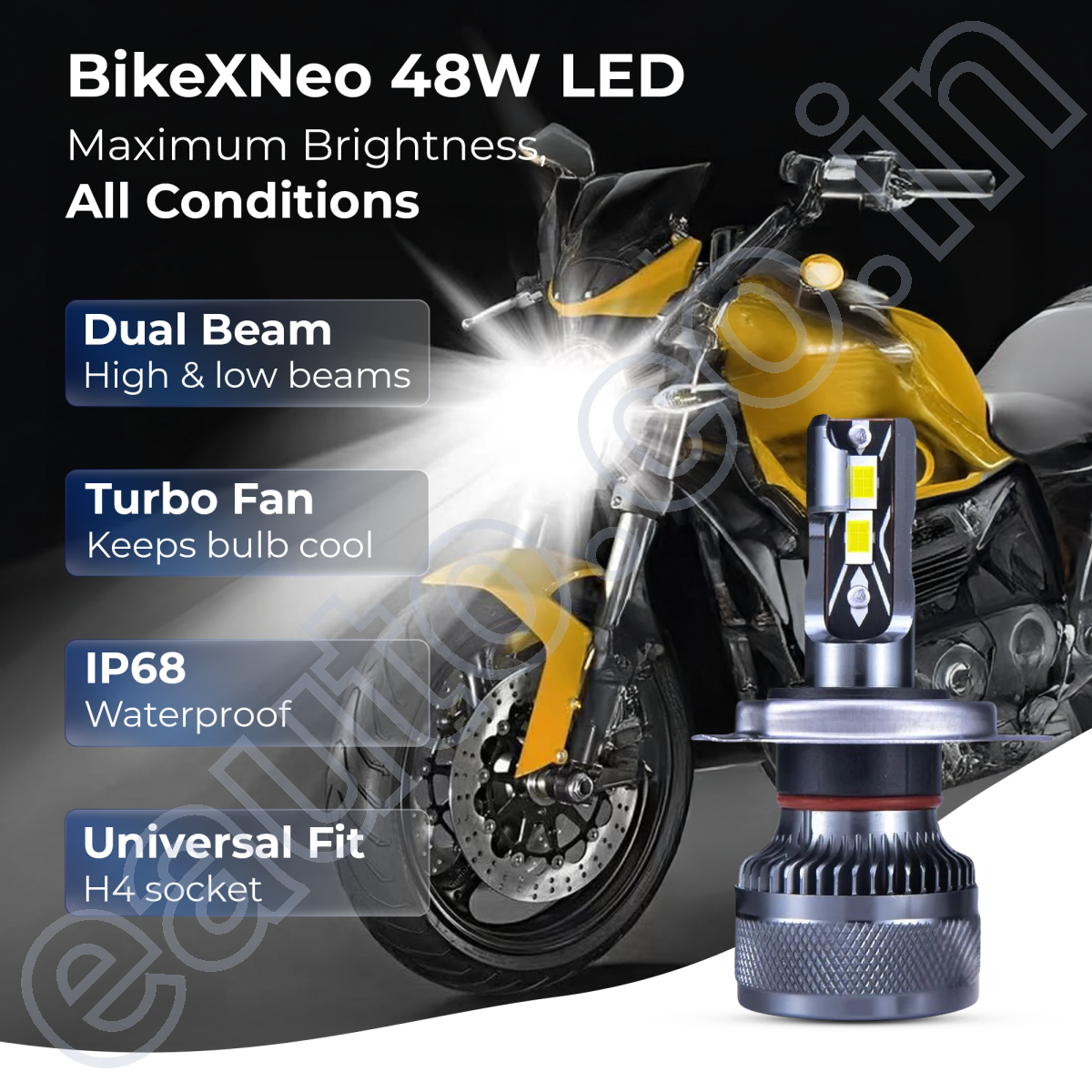 BikeXNeo Power Beam Pro 48W Motorcycle LED Headlight Bulb – India’s Most Powerful | 1 Year Warranty | Universal H4 Fit | Waterproof