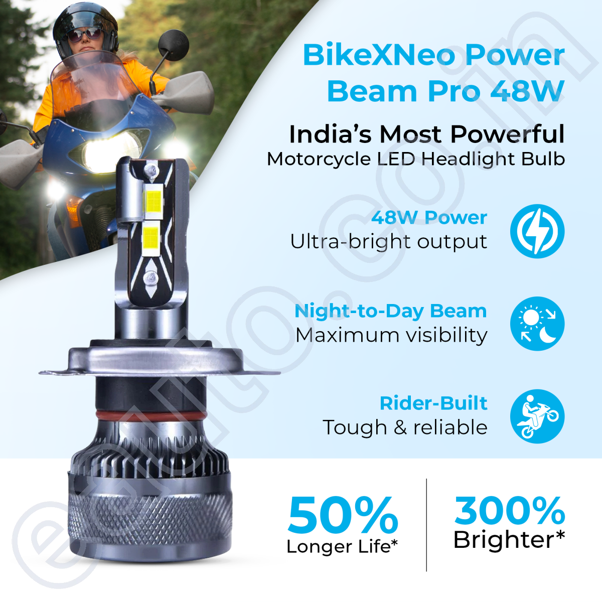 BikeXNeo Power Beam Pro 48W Motorcycle LED Headlight Bulb – India’s Most Powerful | 1 Year Warranty | Universal H4 Fit | Waterproof