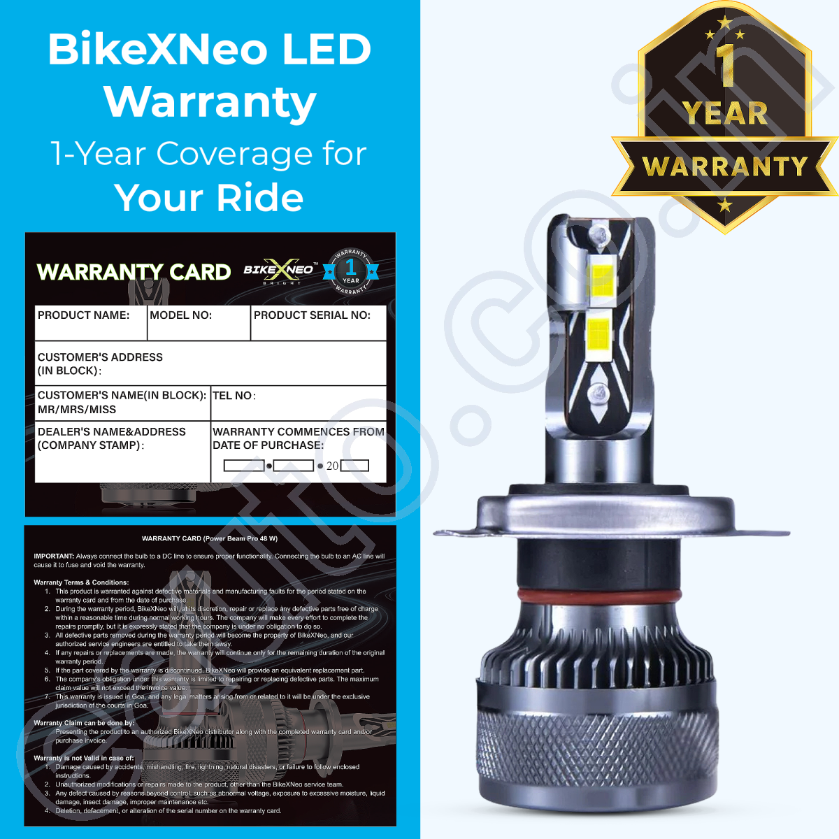 BikeXNeo Power Beam Pro 48W Motorcycle LED Headlight Bulb – India’s Most Powerful | 1 Year Warranty | Universal H4 Fit | Waterproof