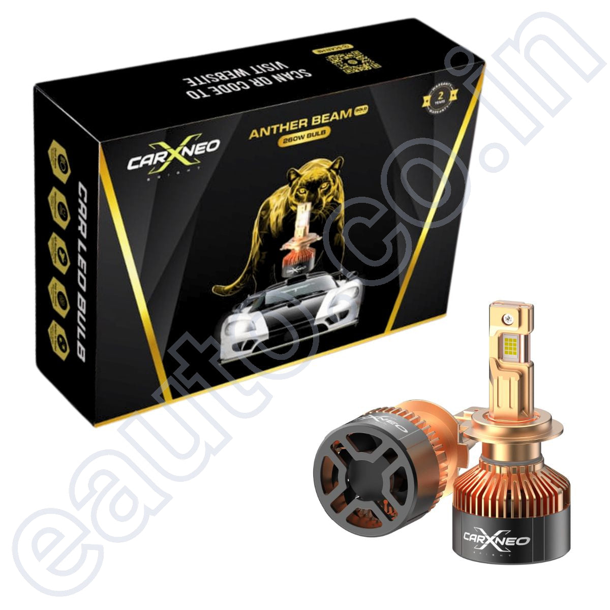 CarXNeo PantherBeam Gold 260 Watt Powerful Car LED Bulb | Set of 2 | H7 | 6000K | 2 Years Warranty